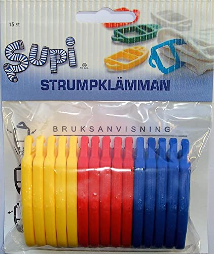 SUPI Sockenklammern, Sockenclips, Sockenhalter - das original Patent aus Finnland - stoffschonend - 60 Stück je 10 x gelb + rot + blau + weiß + grün + schwarz = Familiensparpaket mit über 15 % RABATT und versandkostenfrei innerhalb Deutschland