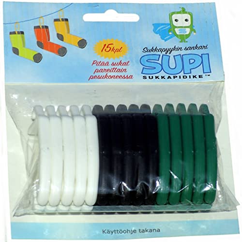 SUPI Sockenklammern Sockenclips Sockenhalter - cleveres Patent aus Finnland - stoffschonend - 15 Stück - je 5 in den Farben weiß + schwarz + grün